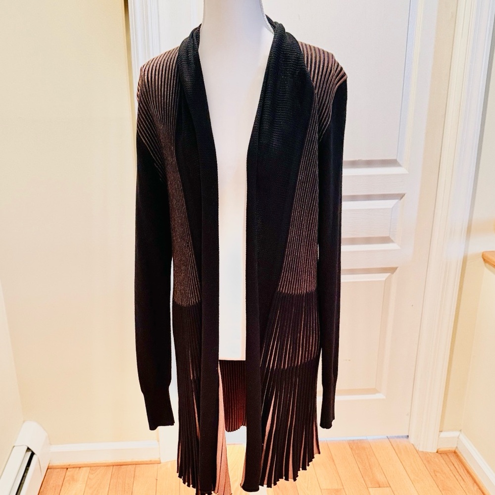 Lapis Black and Brown Women's Cardigan Sweater with a ribbed bottom, beautiful
